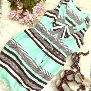 👗 Mint and black striped dress with ruffle collar